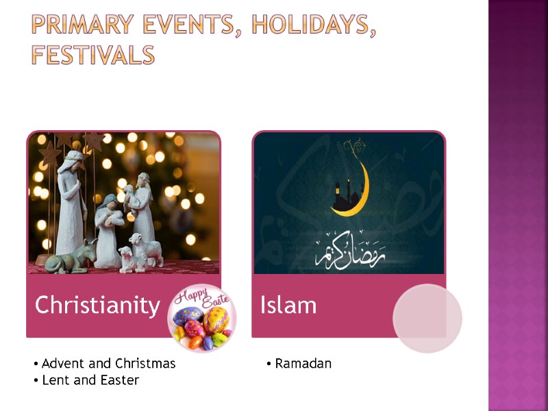 Primary events, holidays, festivals    Advent and Christmas  Lent and Easter